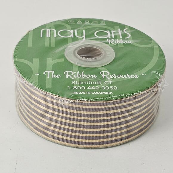 NIP spool striped mustard cream ribbon 1.5" x 30 Yards - Picture 4 of 5